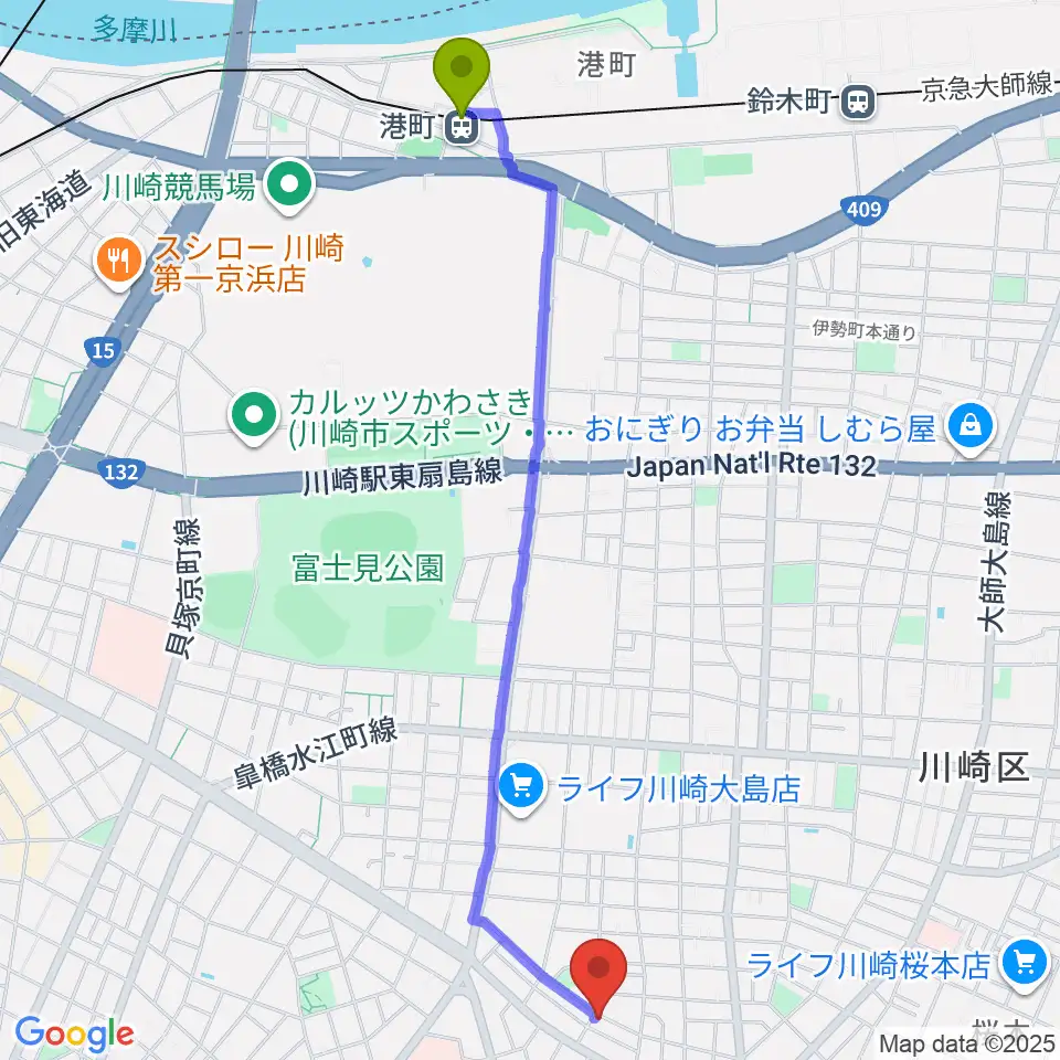 港町駅から大島劇場へのルートマップ地図
