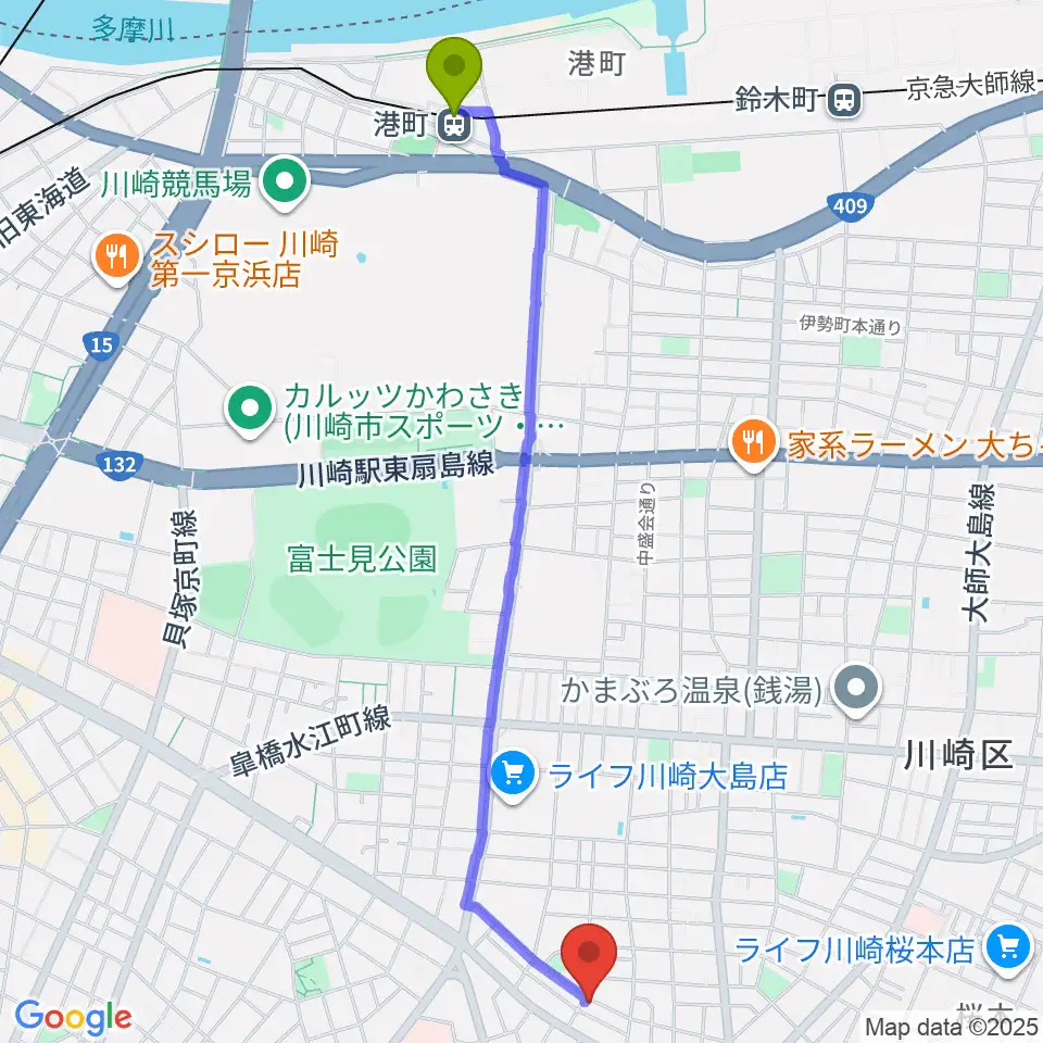 港町駅から大島劇場へのルートマップ地図