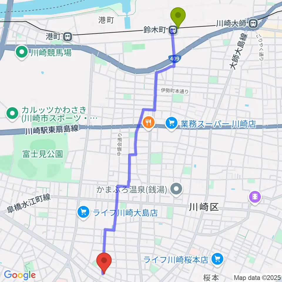 鈴木町駅から大島劇場へのルートマップ地図