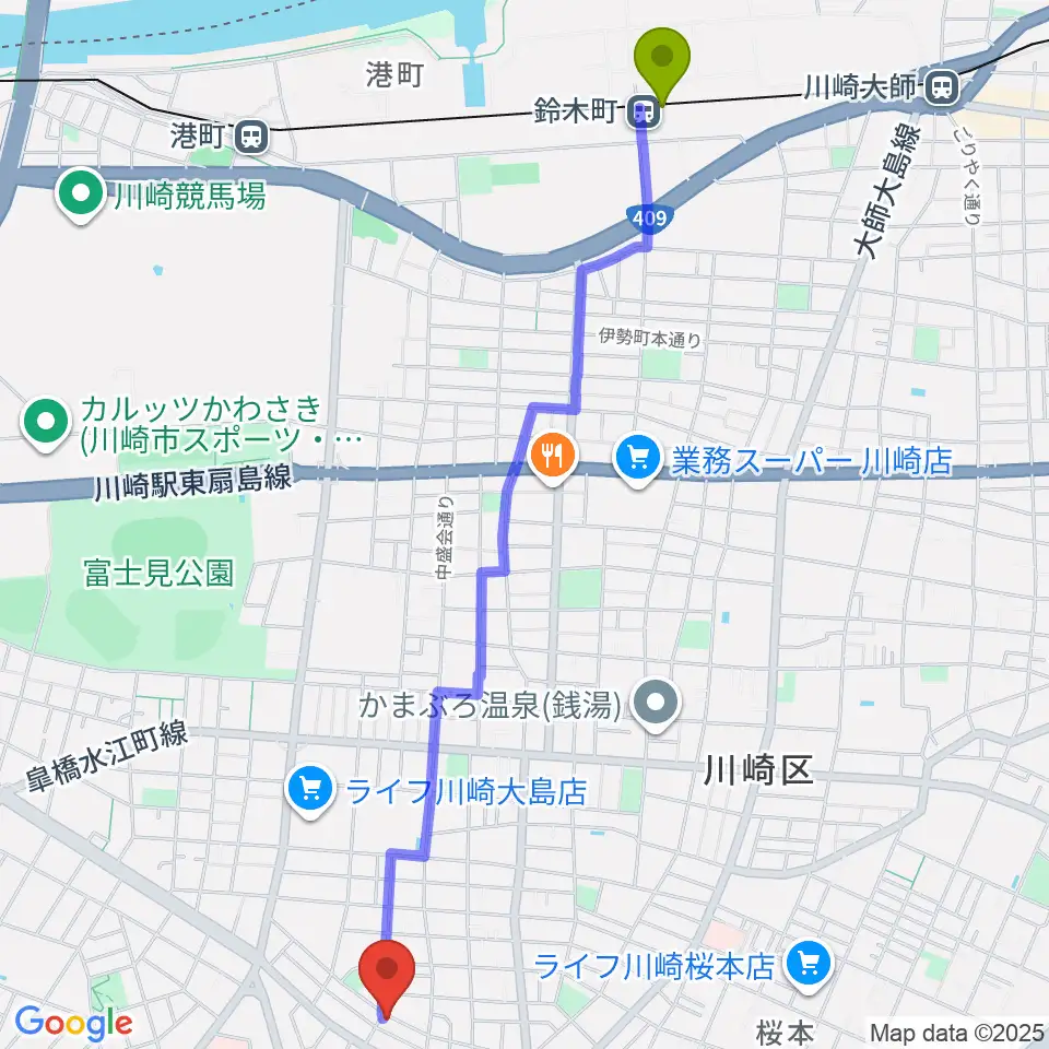 鈴木町駅から大島劇場へのルートマップ地図
