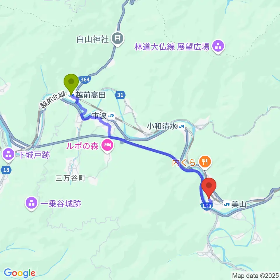 越前高田駅から福井市木ごころ文化ホールへのルートマップ地図