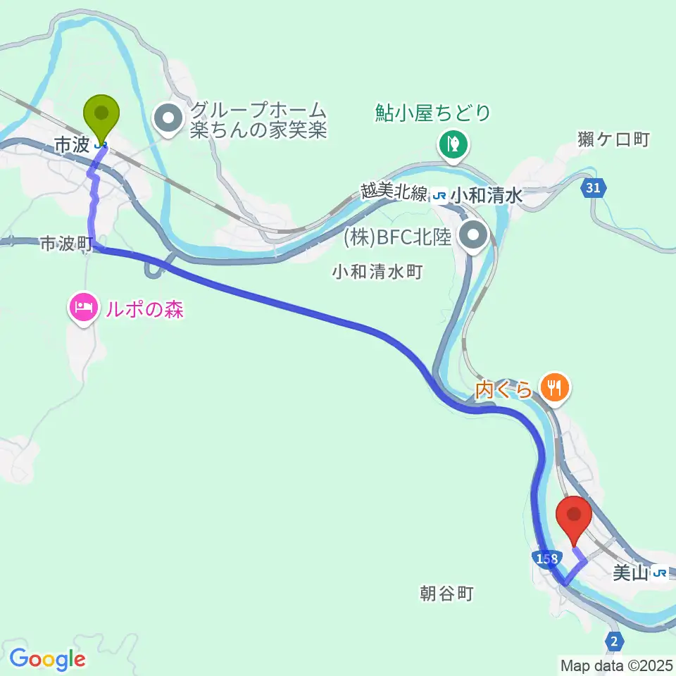 市波駅から福井市木ごころ文化ホールへのルートマップ地図