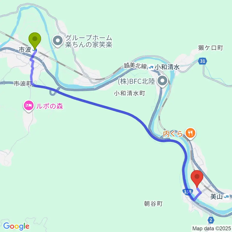 市波駅から福井市木ごころ文化ホールへのルートマップ地図