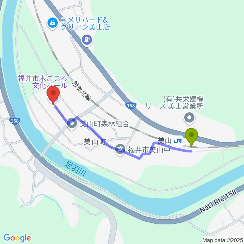 福井市木ごころ文化ホールの最寄駅美山駅からの徒歩ルート（約9分）地図