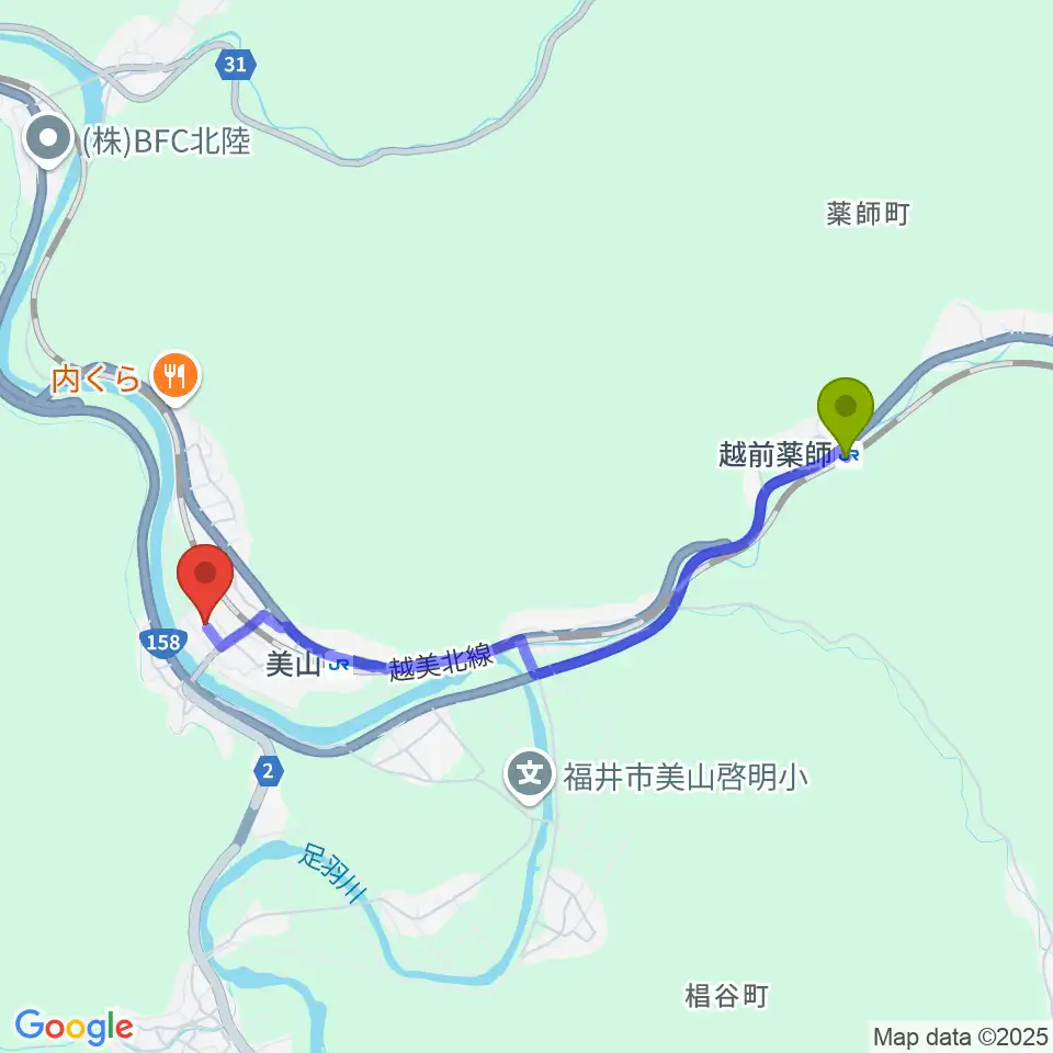 越前薬師駅から福井市木ごころ文化ホールへのルートマップ地図