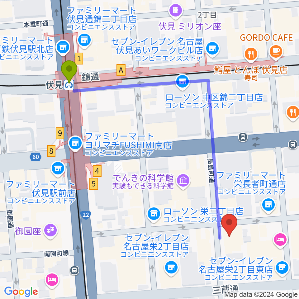 名古屋JAMMIN'の最寄駅伏見駅からの徒歩ルート（約6分）地図