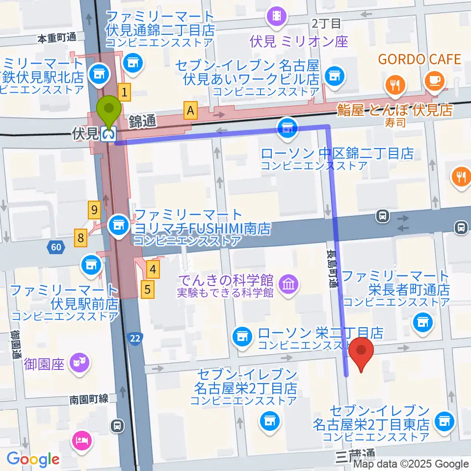 名古屋JAMMIN'の最寄駅伏見駅からの徒歩ルート（約6分）地図