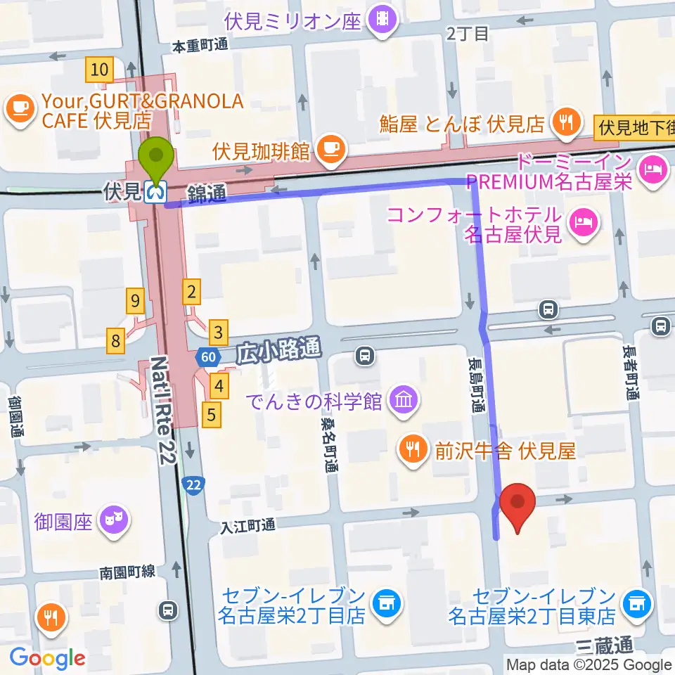 名古屋JAMMIN'の最寄駅伏見駅からの徒歩ルート（約6分）地図