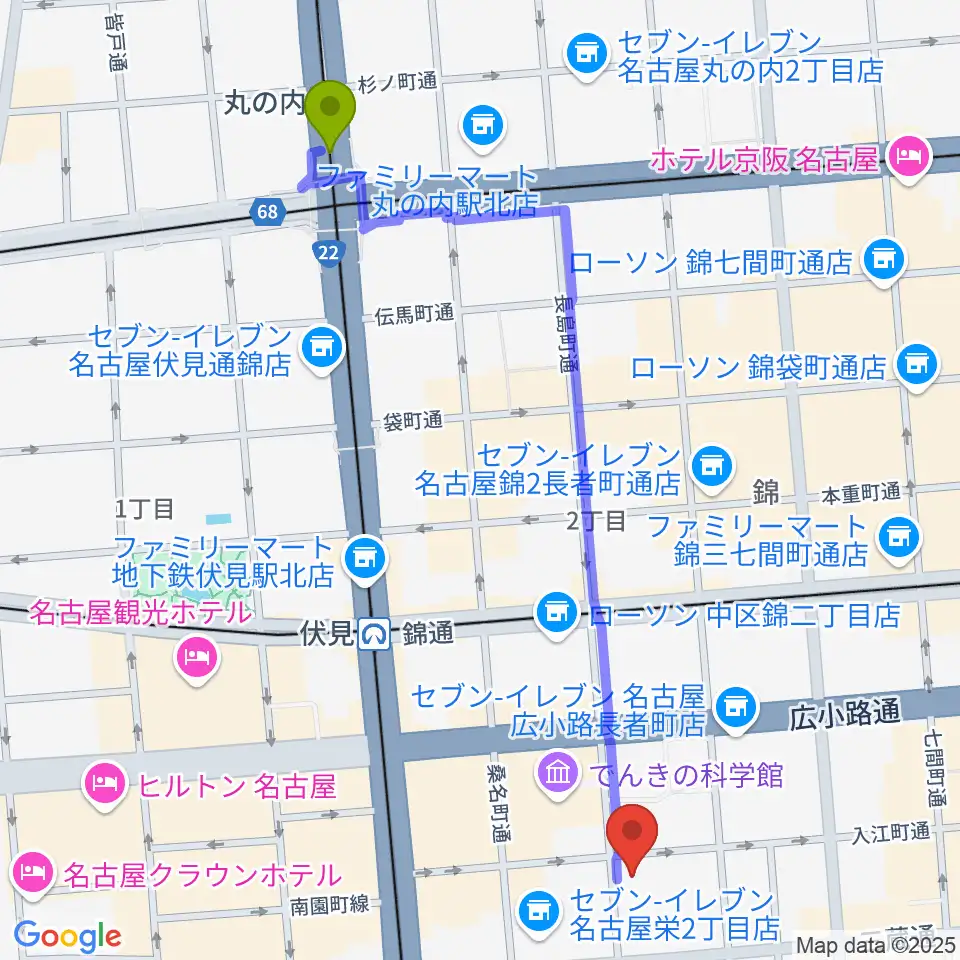 丸の内駅から名古屋JAMMIN'へのルートマップ地図