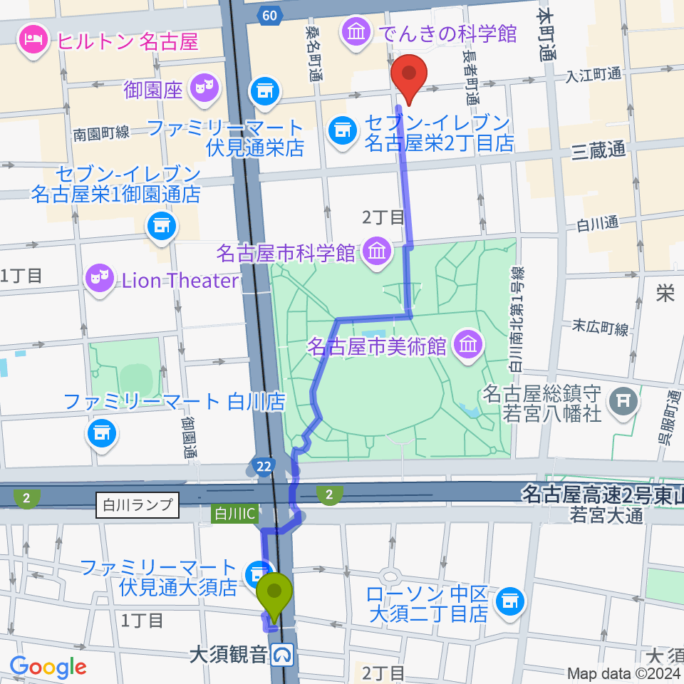 大須観音駅から名古屋JAMMIN'へのルートマップ地図