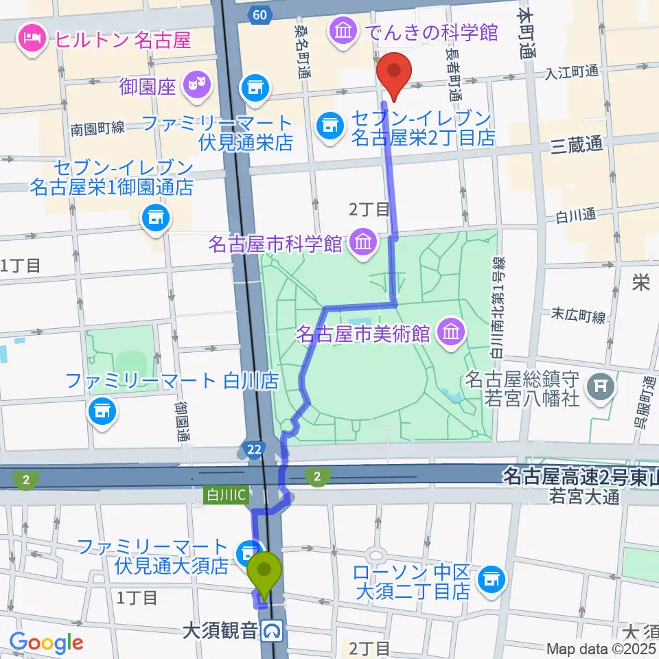 大須観音駅から名古屋JAMMIN'へのルートマップ地図