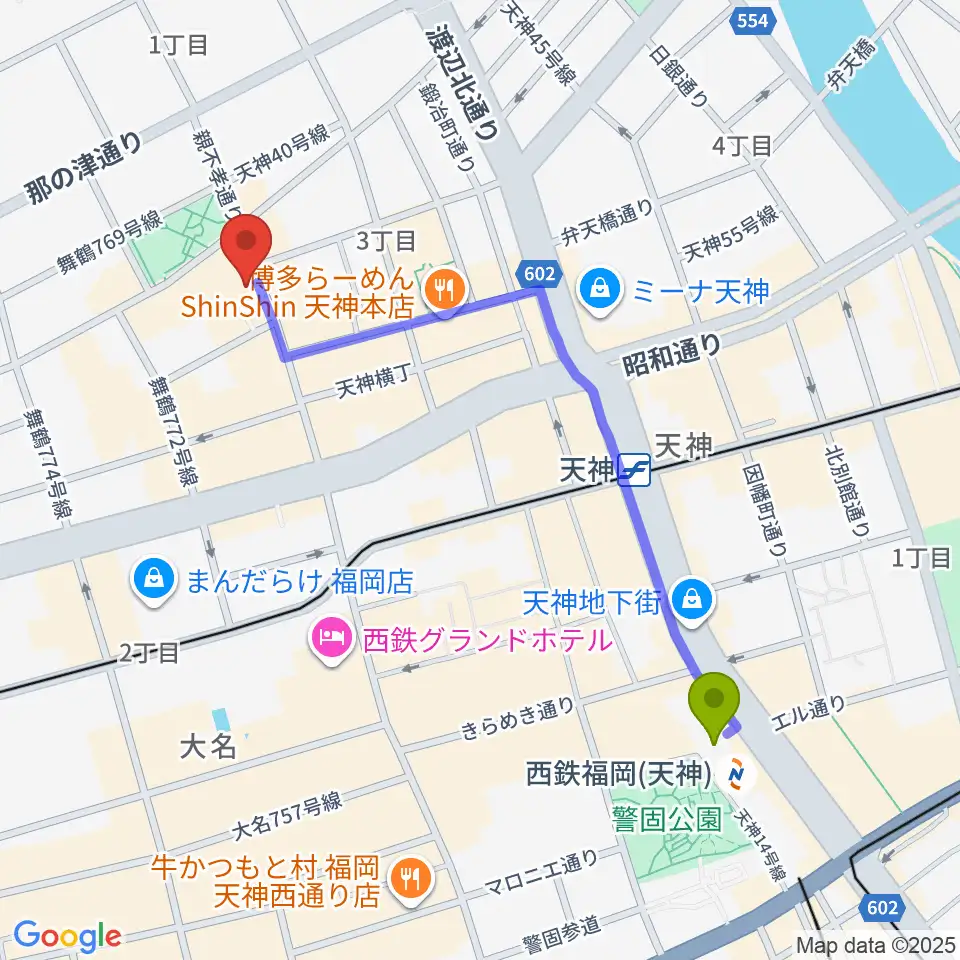 西鉄福岡（天神）駅から福岡天神graf（グラフ）へのルートマップ地図