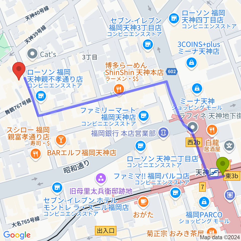 福岡天神graf（グラフ）の最寄駅天神駅からの徒歩ルート（約7分）地図