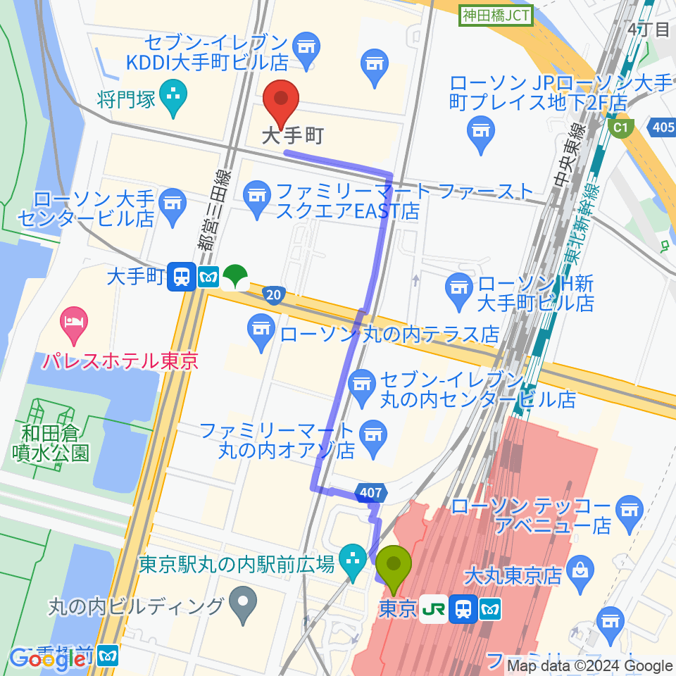東京駅からよみうり大手町ホールへのルートマップ地図