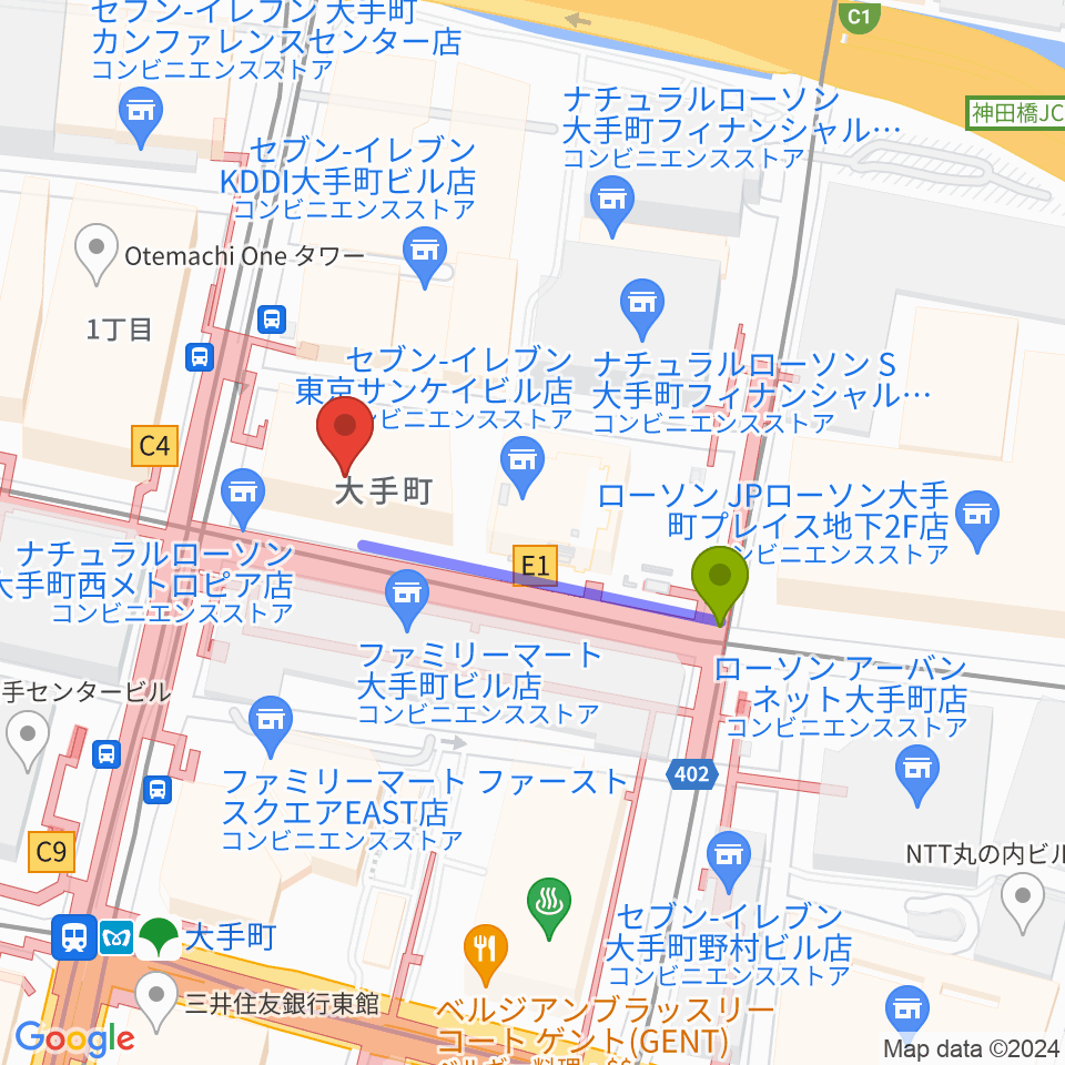 よみうり大手町ホールの最寄駅大手町駅からの徒歩ルート（約3分）地図