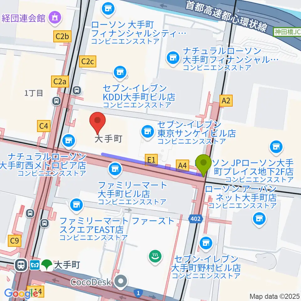 よみうり大手町ホールの最寄駅大手町駅からの徒歩ルート（約3分）地図