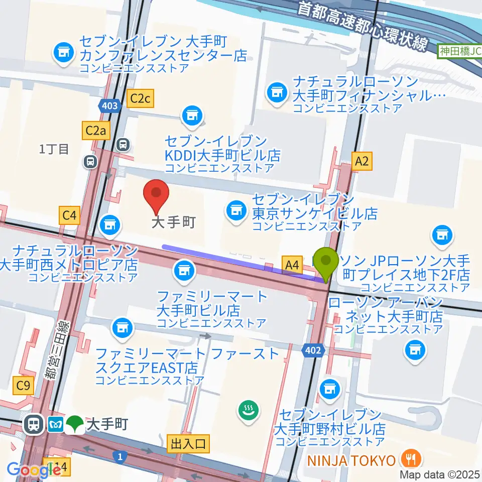 よみうり大手町ホールの最寄駅大手町駅からの徒歩ルート（約3分）地図