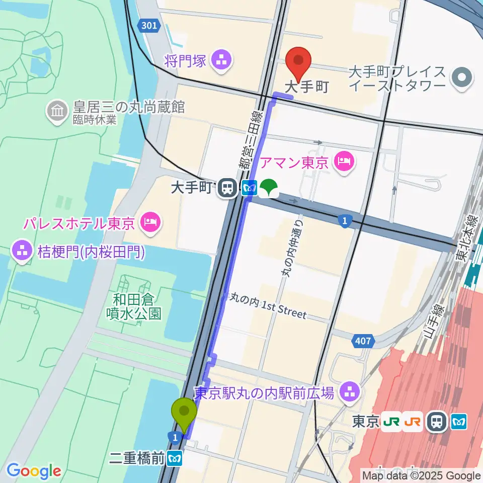 二重橋前駅からよみうり大手町ホールへのルートマップ地図