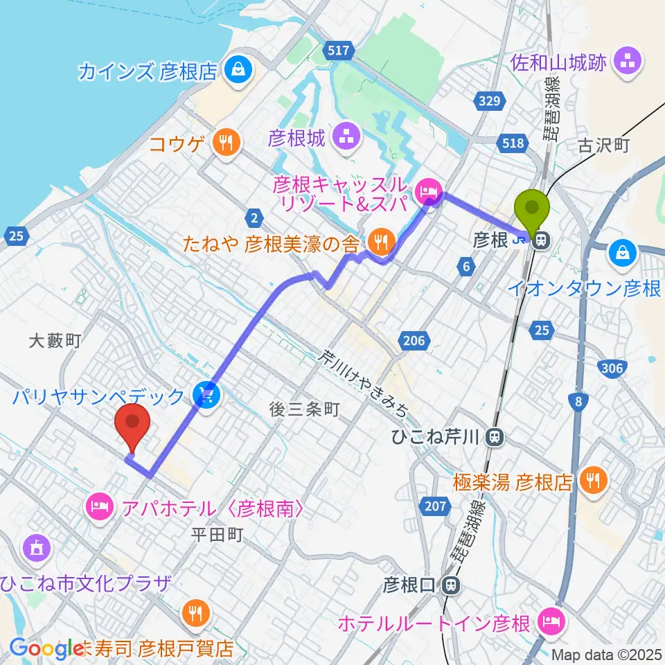 彦根駅から彦根COCOZAへのルートマップ地図