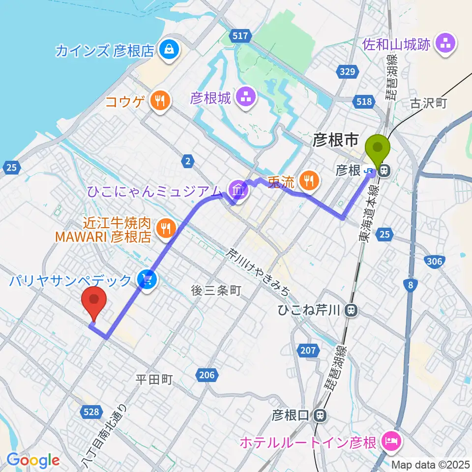 彦根駅から彦根COCOZAへのルートマップ地図