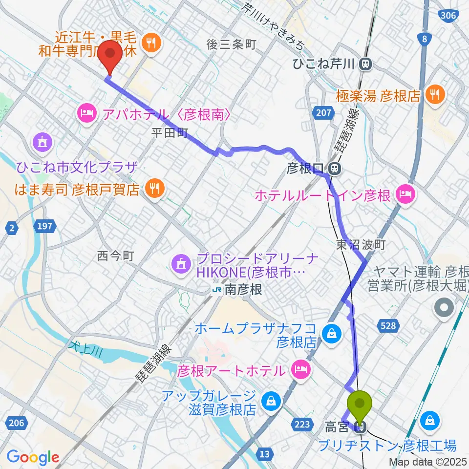 高宮駅から彦根COCOZAへのルートマップ地図