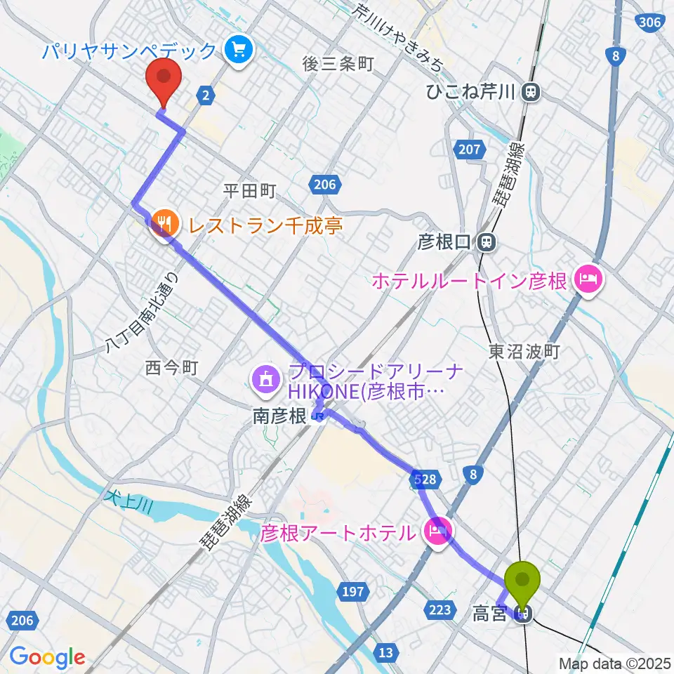 高宮駅から彦根COCOZAへのルートマップ地図