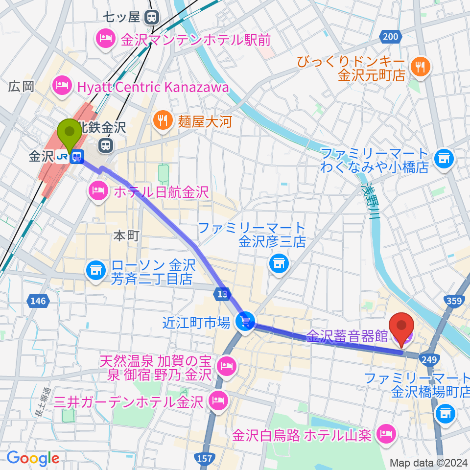 金沢蓄音器館の最寄駅金沢駅からの徒歩ルート（約25分）地図