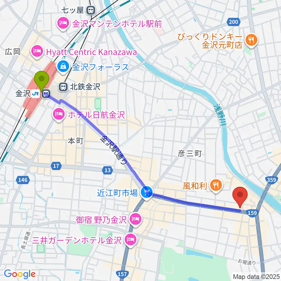 金沢蓄音器館の最寄駅金沢駅からの徒歩ルート（約25分）地図