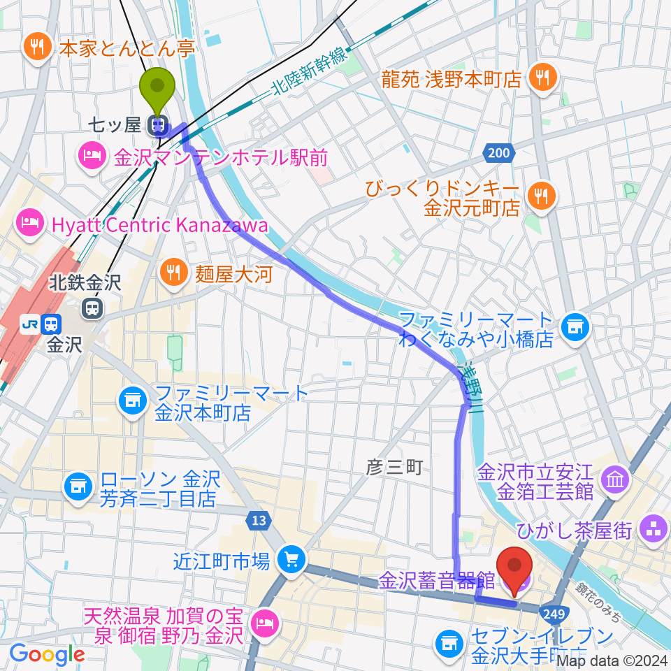 七ツ屋駅から金沢蓄音器館へのルートマップ地図