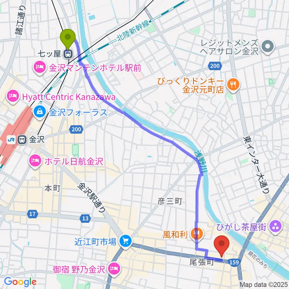 七ツ屋駅から金沢蓄音器館へのルートマップ地図