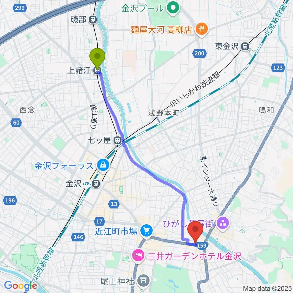 上諸江駅から金沢蓄音器館へのルートマップ地図