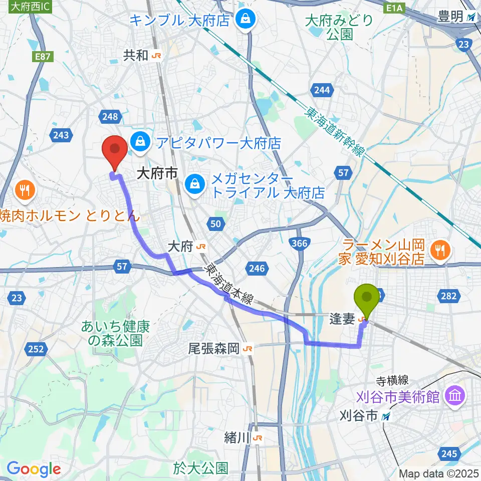 逢妻駅からおおぶ文化交流の杜 allobuへのルートマップ地図