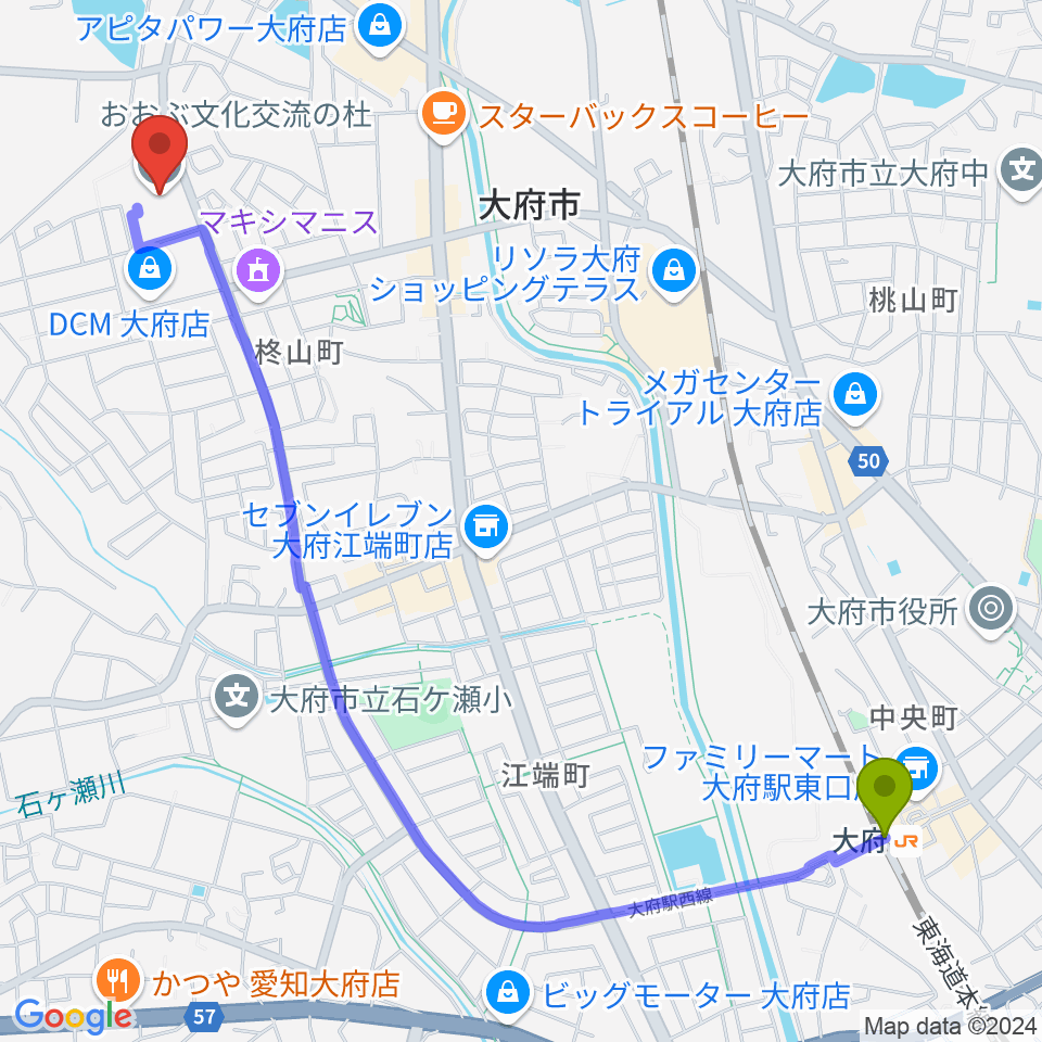 おおぶ文化交流の杜 allobuの最寄駅大府駅からの徒歩ルート（約29分）地図