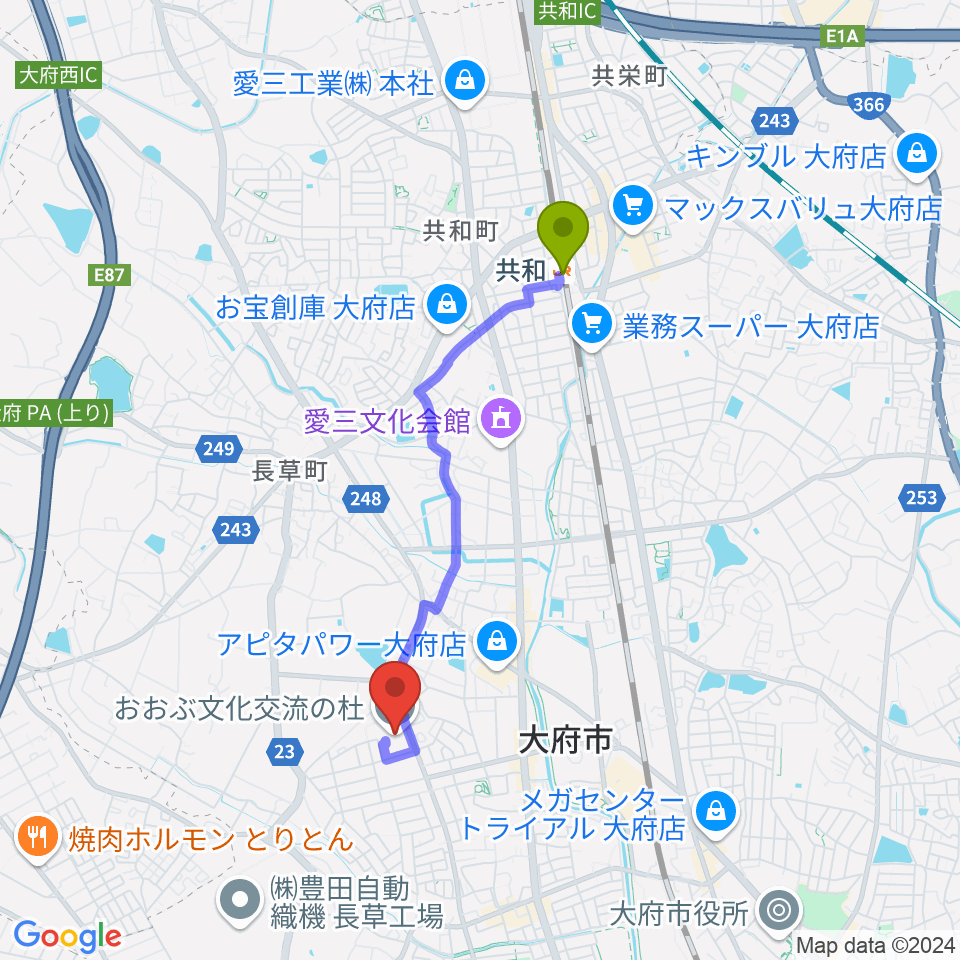 共和駅からおおぶ文化交流の杜 allobuへのルートマップ地図