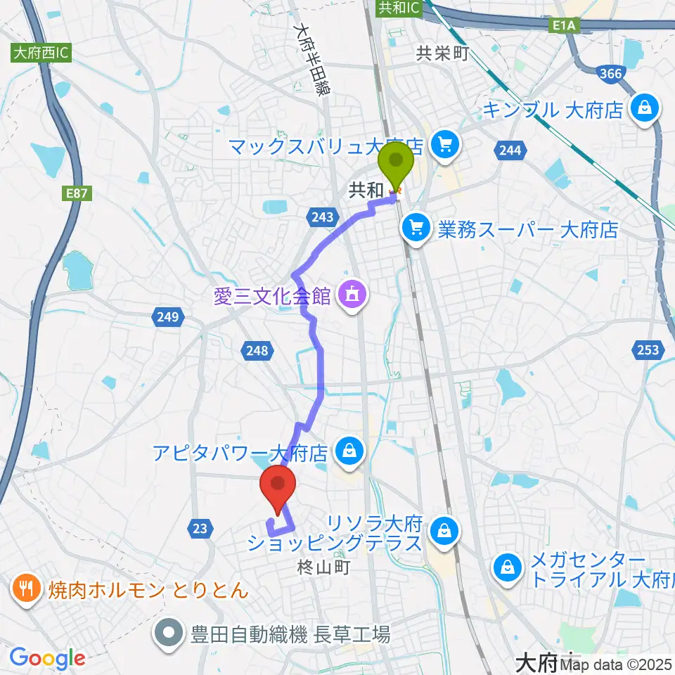 共和駅からおおぶ文化交流の杜 allobuへのルートマップ地図