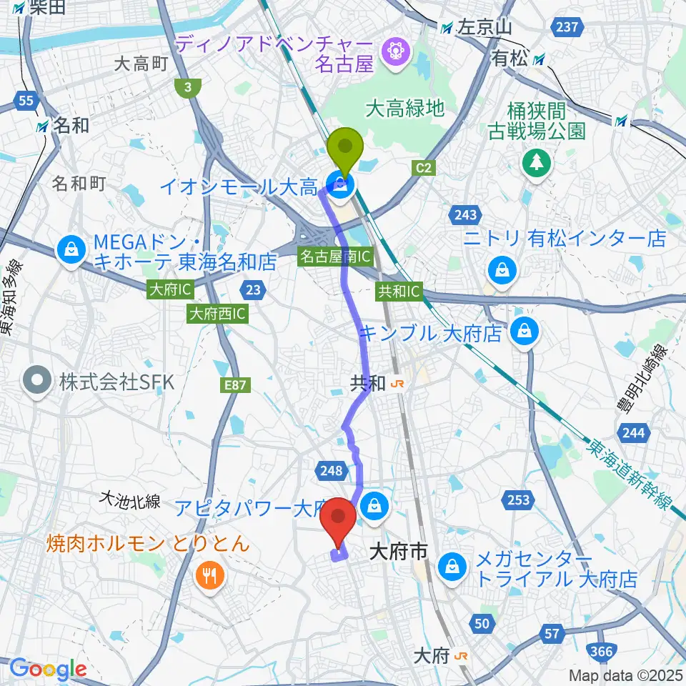 南大高駅からおおぶ文化交流の杜 allobuへのルートマップ地図