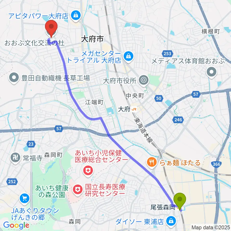 尾張森岡駅からおおぶ文化交流の杜 allobuへのルートマップ地図