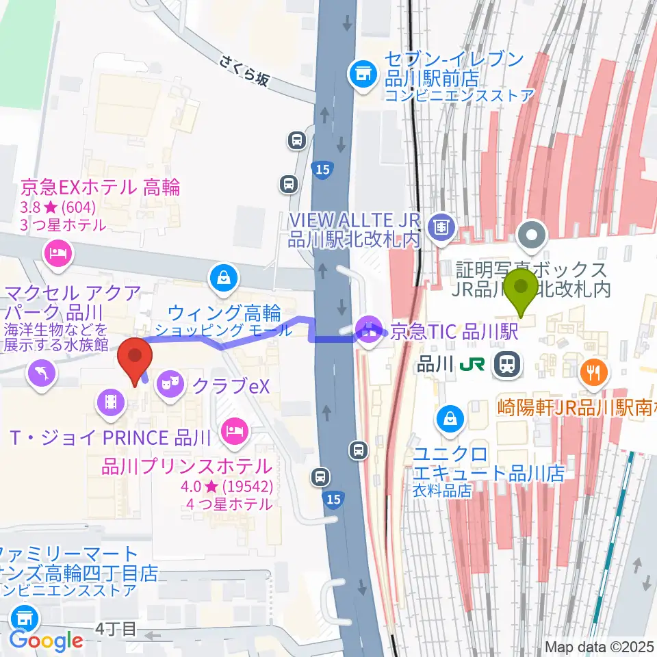 プリンスホールの最寄駅品川駅からの徒歩ルート（約5分）地図