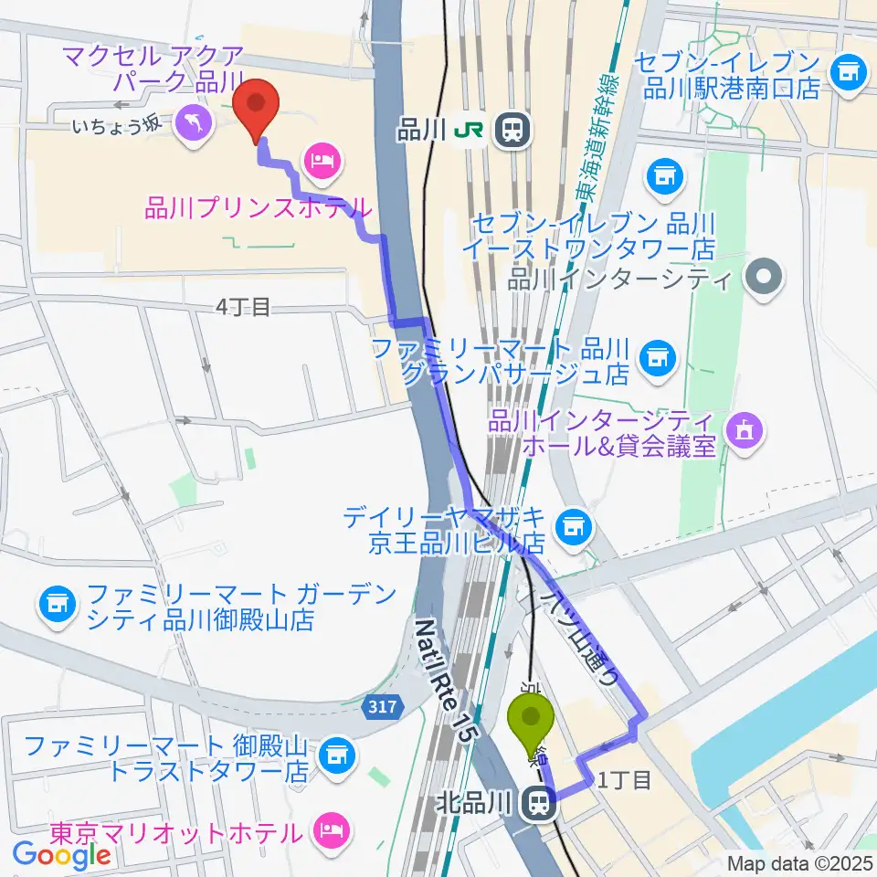 北品川駅からプリンスホールへのルートマップ地図