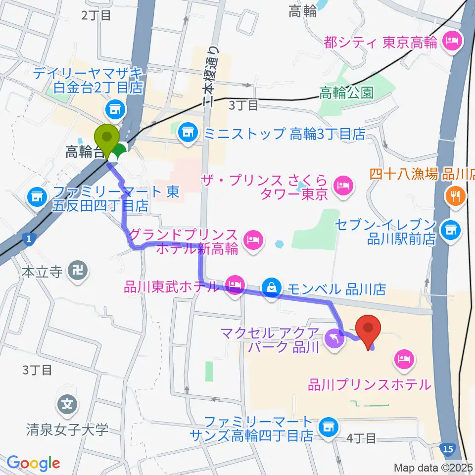 高輪台駅からプリンスホールへのルートマップ地図