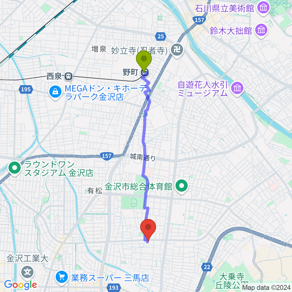 野町駅からミュージックベースエクストリームへのルートマップ地図