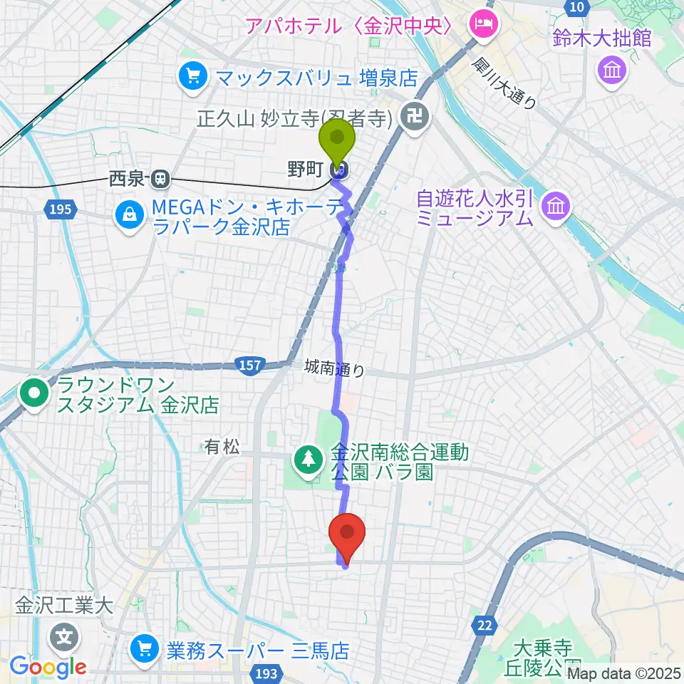 野町駅からミュージックベースエクストリームへのルートマップ地図