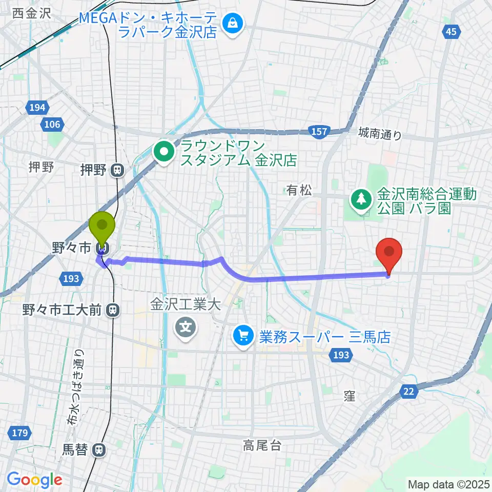 野々市駅からミュージックベースエクストリームへのルートマップ地図