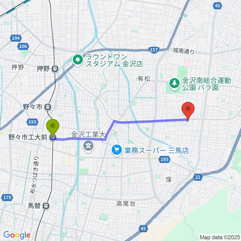 ミュージックベースエクストリームの最寄駅野々市工大前駅からの徒歩ルート（約35分）地図