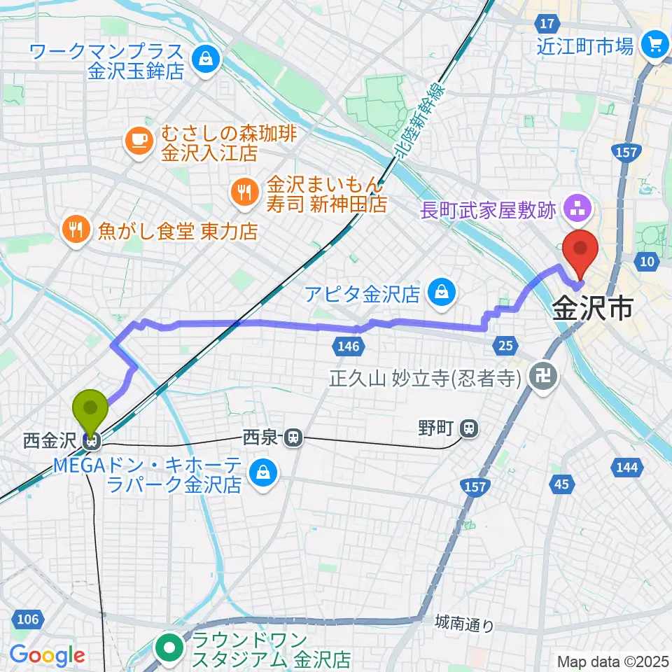 西金沢駅から金沢ジェラスガイへのルートマップ地図