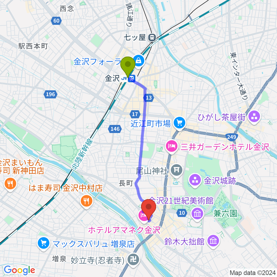 金沢駅から金沢ジェラスガイへのルートマップ地図