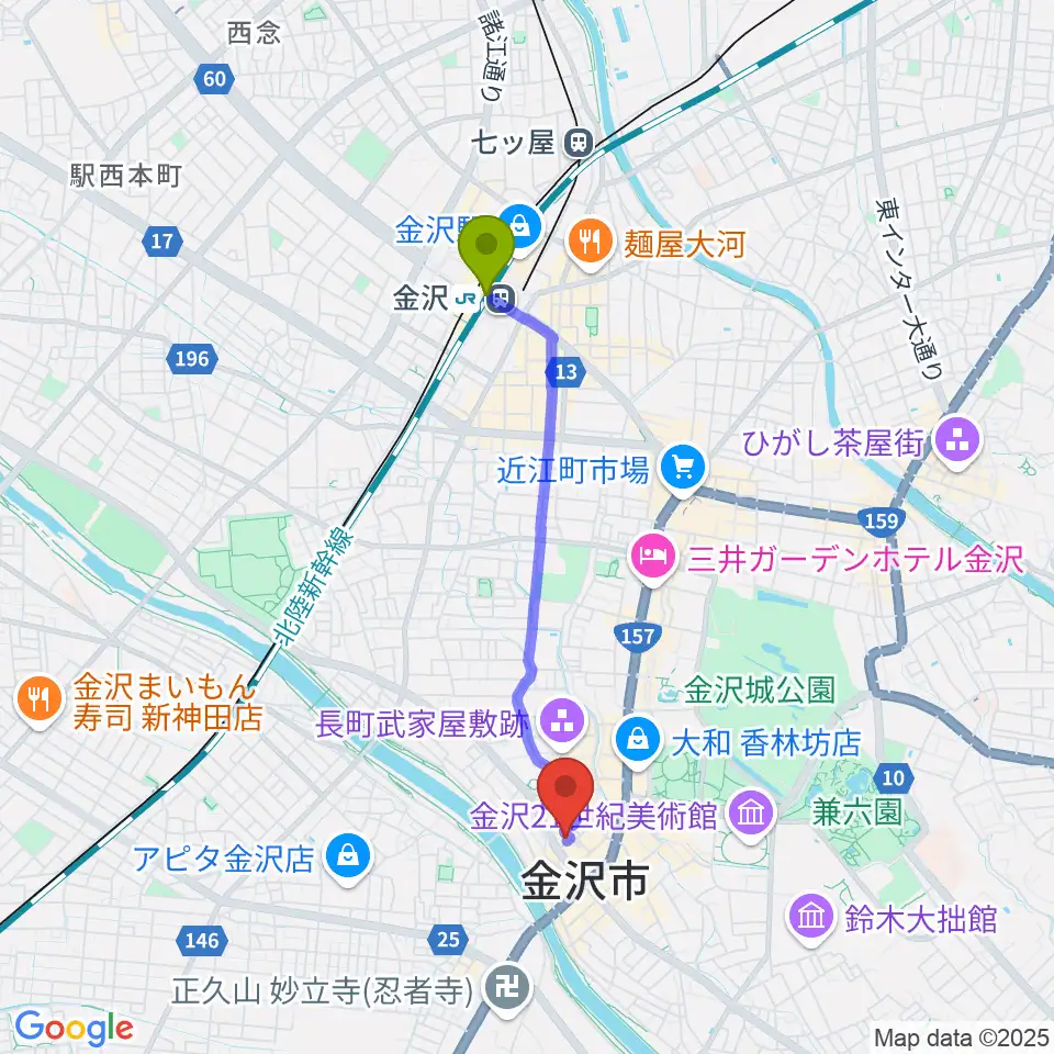 金沢駅から金沢ジェラスガイへのルートマップ地図
