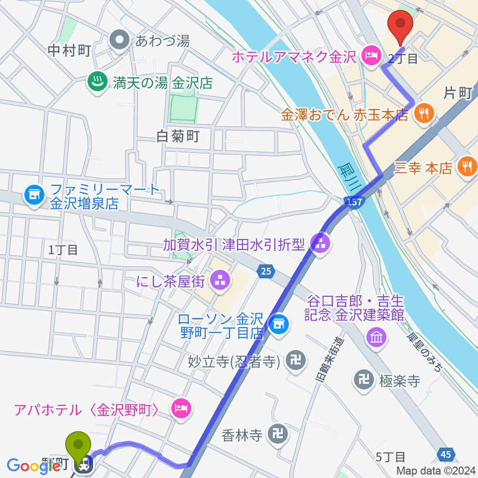 金沢ジェラスガイの最寄駅野町駅からの徒歩ルート（約17分）地図