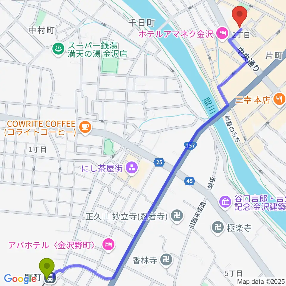 金沢ジェラスガイの最寄駅野町駅からの徒歩ルート（約17分）地図