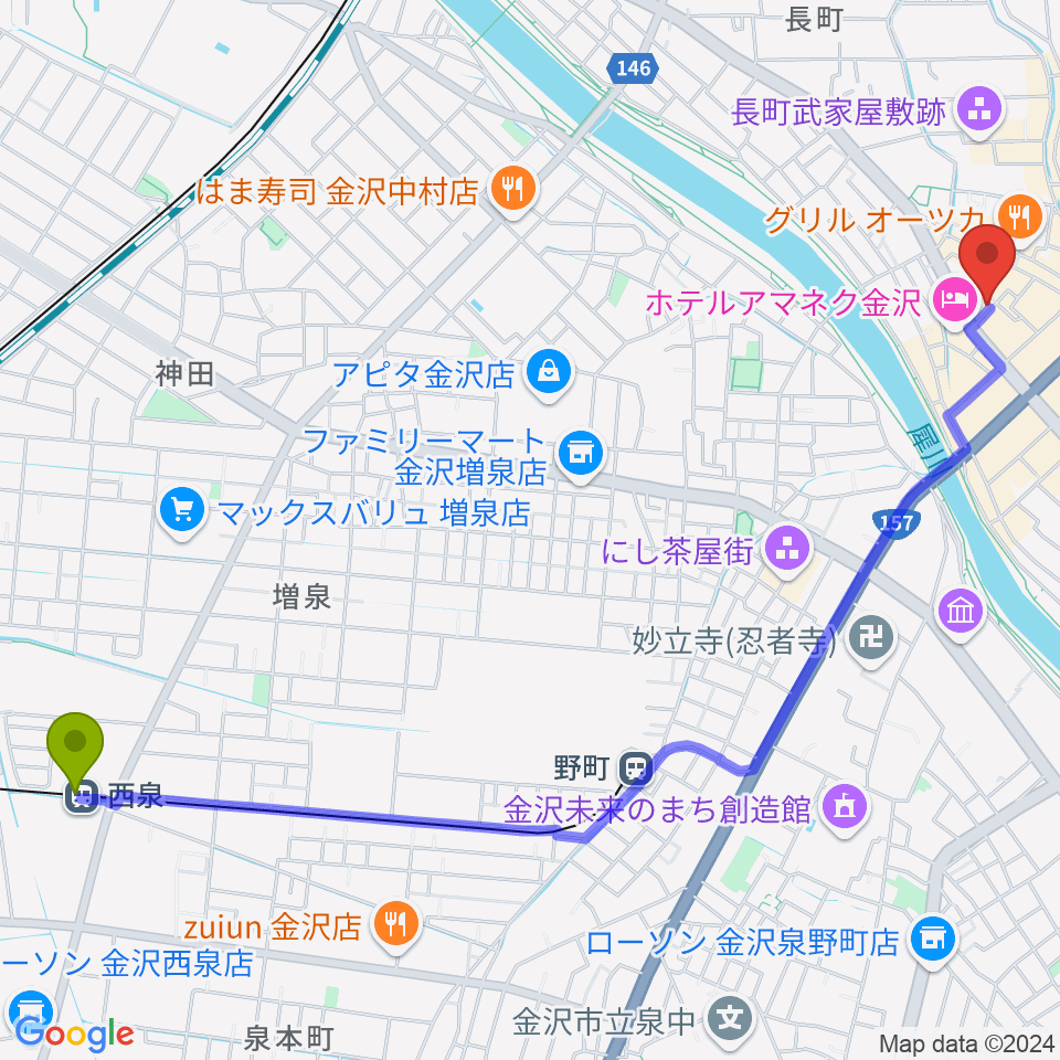 西泉駅から金沢ジェラスガイへのルートマップ地図